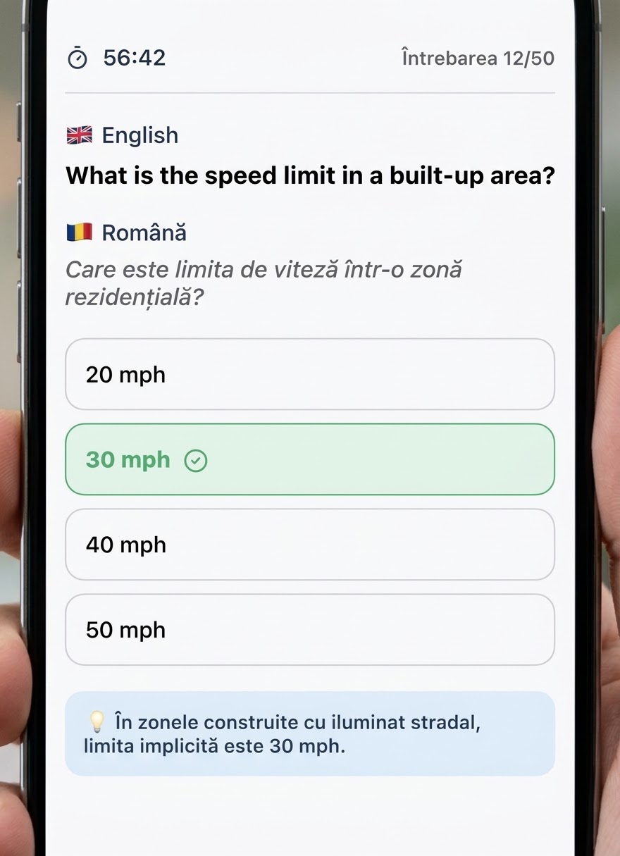 Previzualizare aplicație UK Theory Test – întrebare bilingvă cu răspuns corect evidențiat